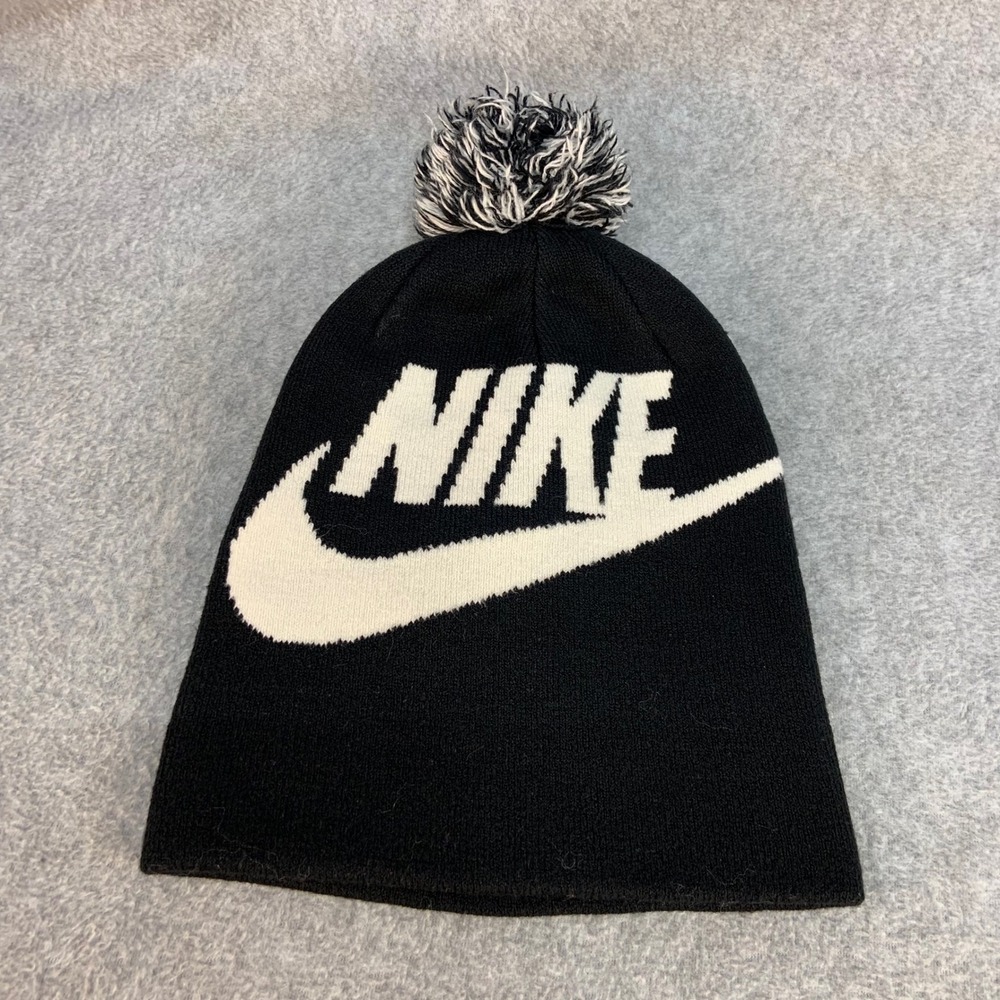 Nike Swoosh Logo Unisex Black Nike Pom Beanie Knit Winter Hat One Size
